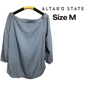 Alter'd State Women's Top Off The Shoulder Blue Chambray Bell Sleeve Size M EUC